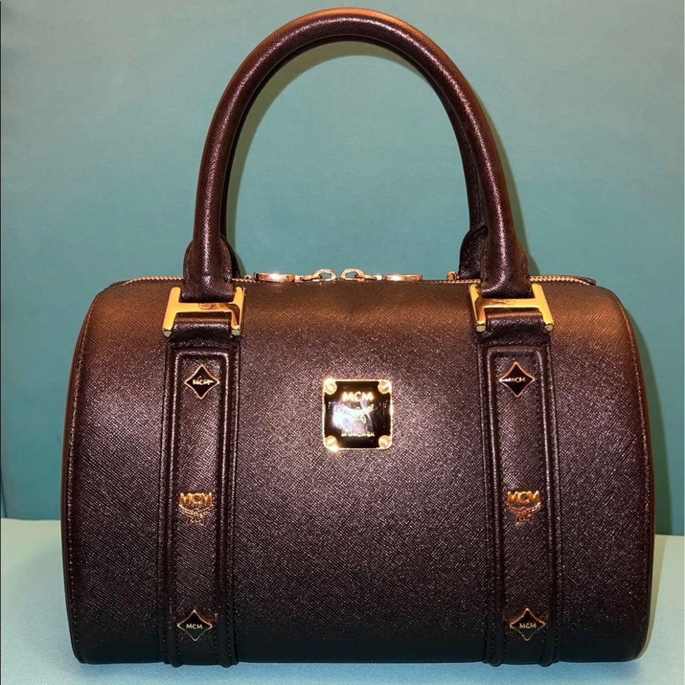 MCM Boston Bag Studded Logo Motifs Black Saffiano Leather Satchel
